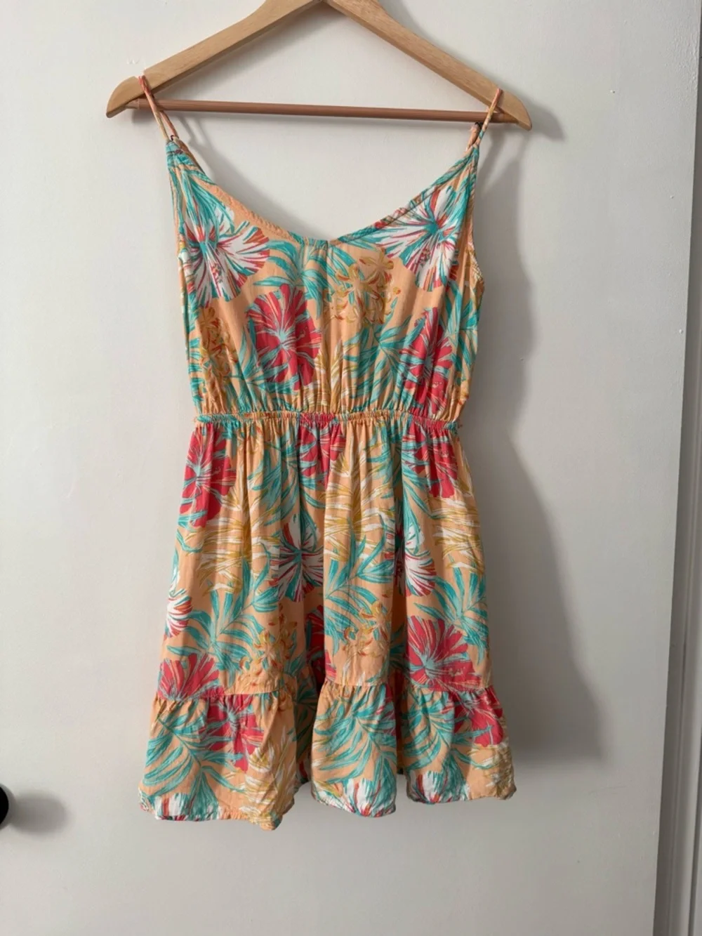 Hurley Tropical Floral Mini Dress Peach Teal Spaghetti Strap Sundress Size S